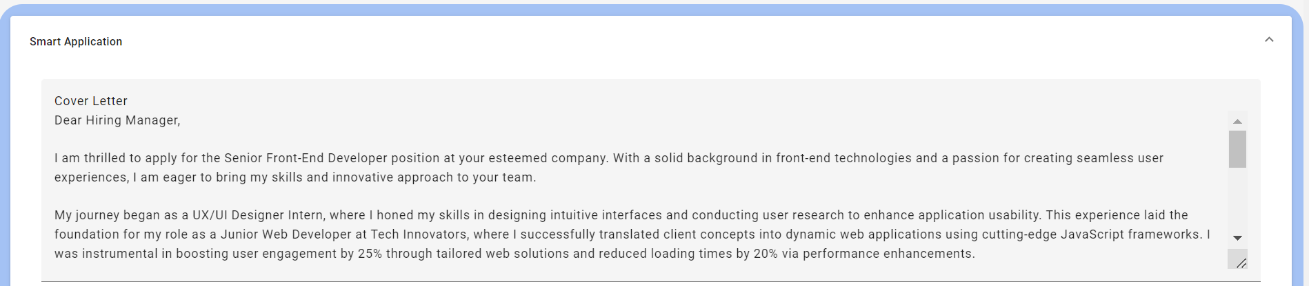 Cover letter field in the Smart Application section