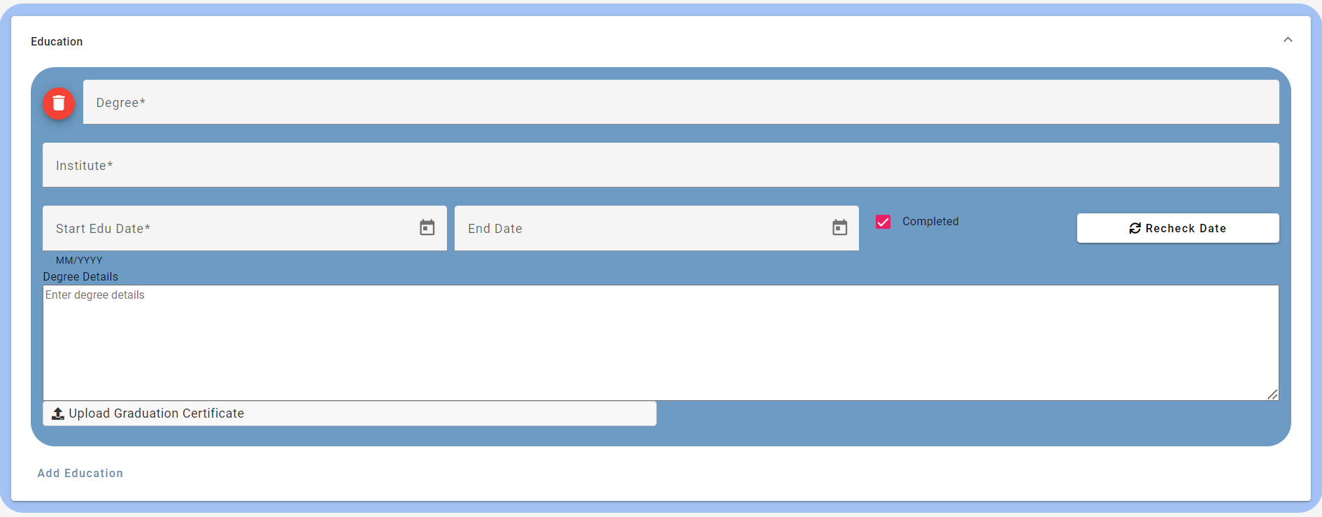Add education details and training in Smart CV Builder