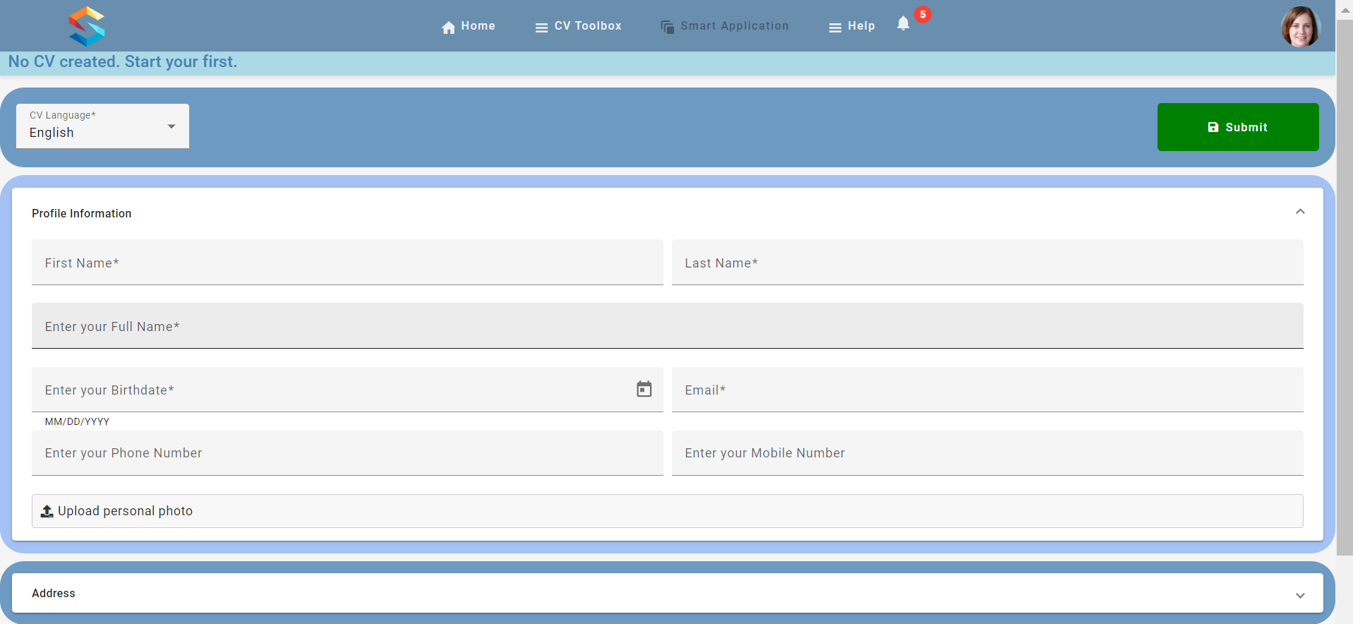 Personal information section in Smart CV Builder
