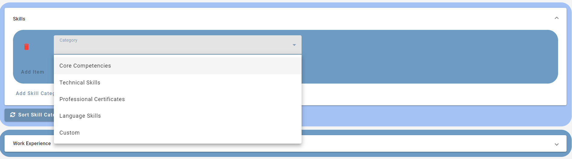 Add skills and sort skill categories in Smart CV Builder