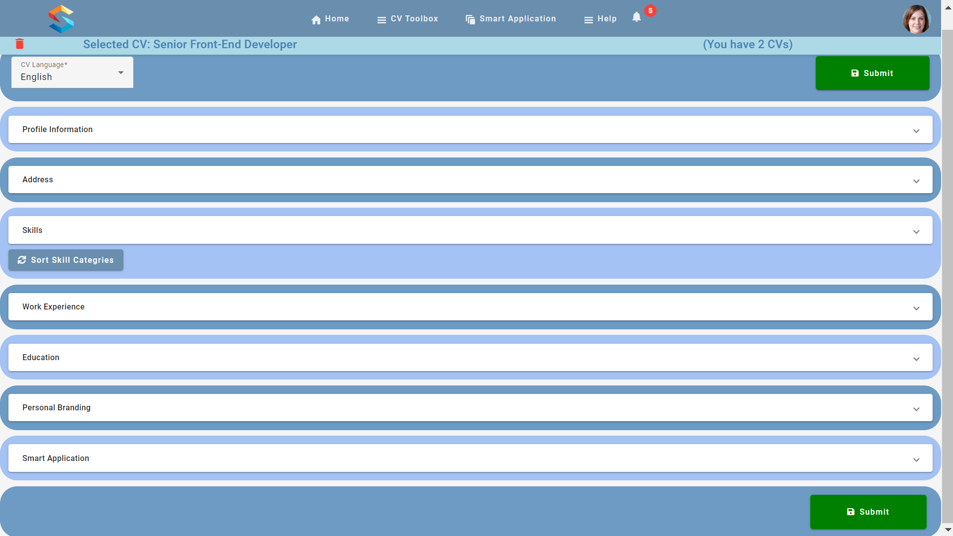 Smart Application section inside the generated Smart CV