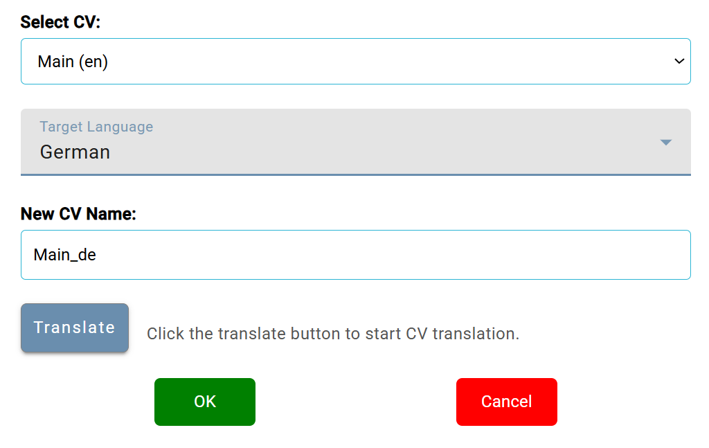 CV Translation dialog in Smart CV Builder