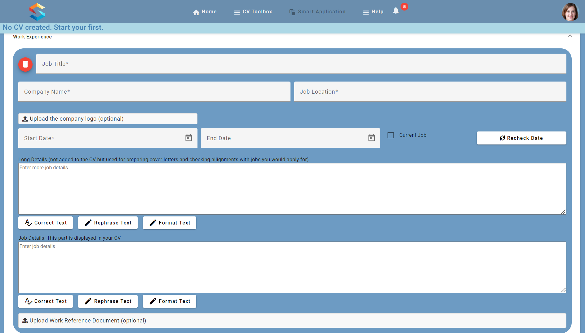 Add job details and long/short descriptions in Smart CV Builder