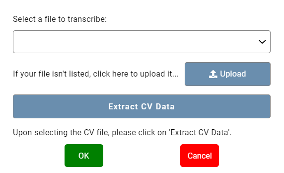 Upload dialog for CV extraction in Smart CV Builder