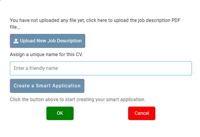 First-time job description upload page in Smart CV Builder